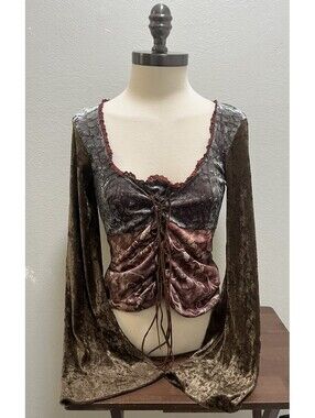 Vtg Y2K Fang Whimsigoth Lace Up Top Velvet Bell Sleeve Sz M